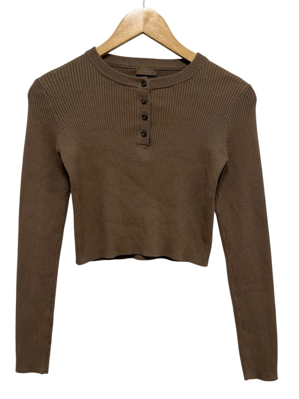 John Galt Shanghai Brown Cotton Ribbed Cropped Henley Sweater